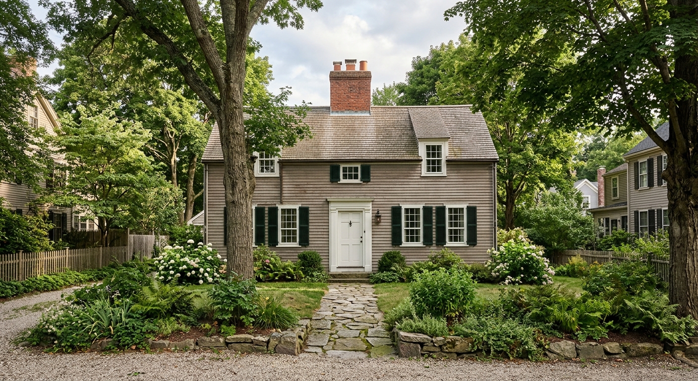 a traditional historic Cape Cod style house featuring wooden clapboard siding, a steep pitched roof, and a central brick chimney, surrounded by mature trees and