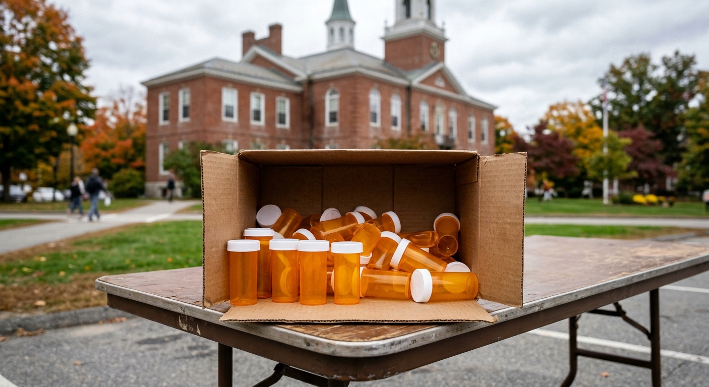 several blank orange prescription pill bottles gathered inside a small cardboard collection box on a folding table, with an out-of-focus traditional red brick N