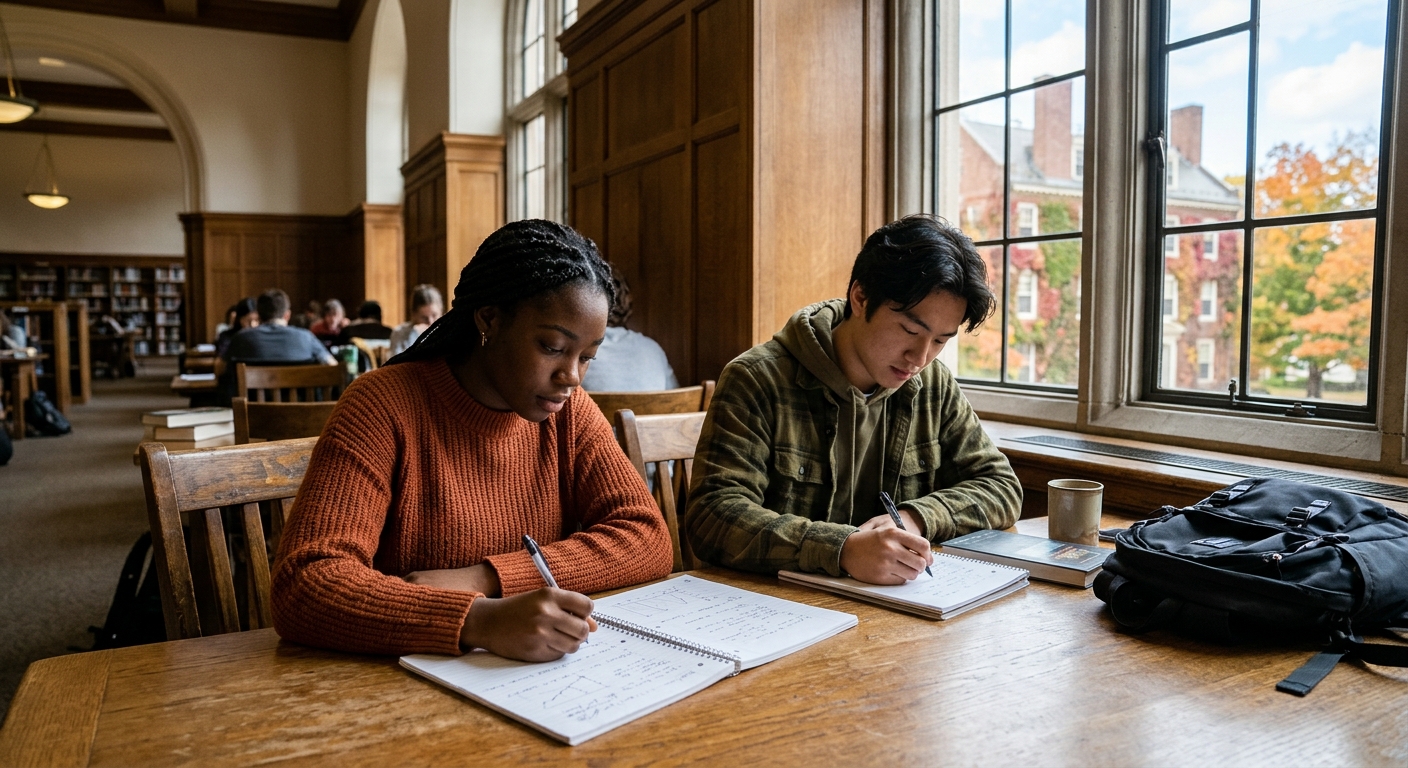 a couple of diverse college students sitting at a wooden table in a campus library with open notebooks and a backpack, wearing casual autumn clothing with a tra