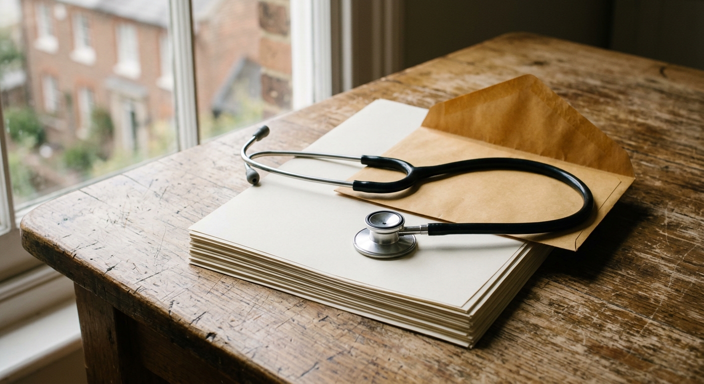 a standard medical stethoscope resting on top of a stack of blank paper documents and an opened mail envelope on a scratched wooden kitchen table, daylight stre