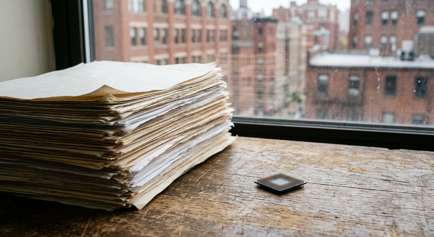a thick stack of paper documents and a loose unbranded computer microchip resting on a scratched wooden desk, with a blurred view of classic red-brick buildings