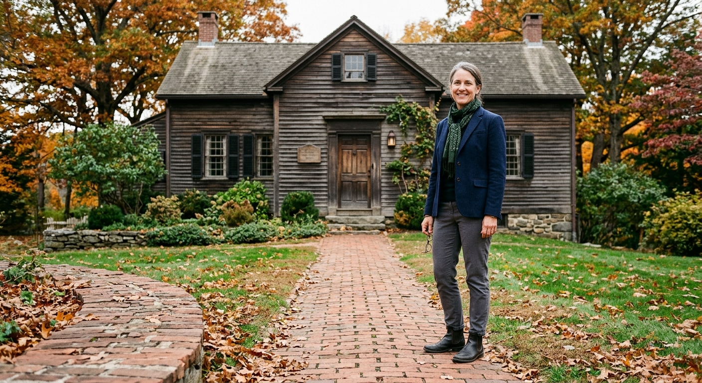 a professional female museum director standing on a brick pathway in front of a preserved 18th-century colonial wood-clapboard house in a historic New England v