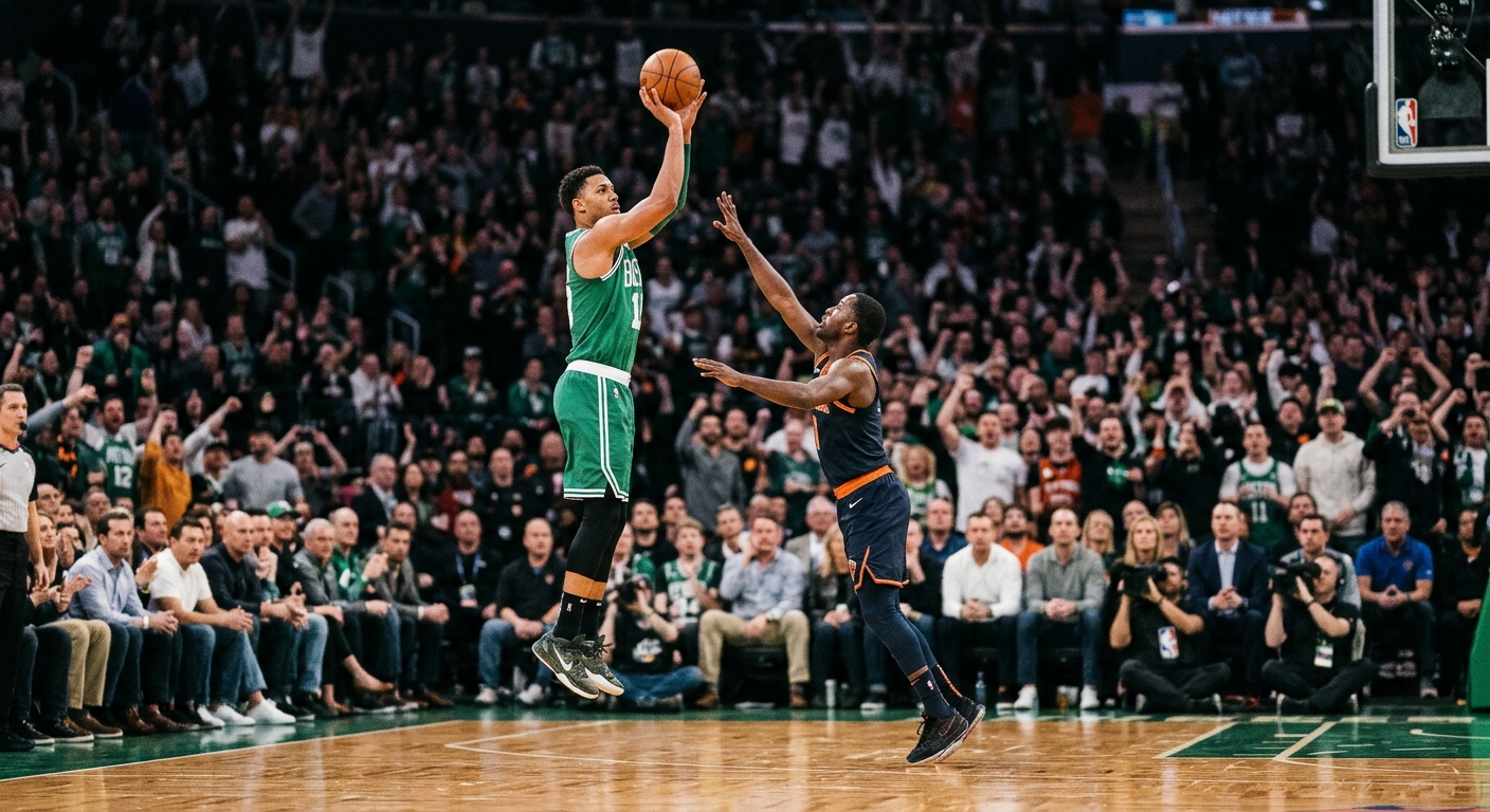 a tall professional basketball player in a green uniform shooting a mid-air jump shot over a defending player in a dark uniform on a polished hardwood court, su