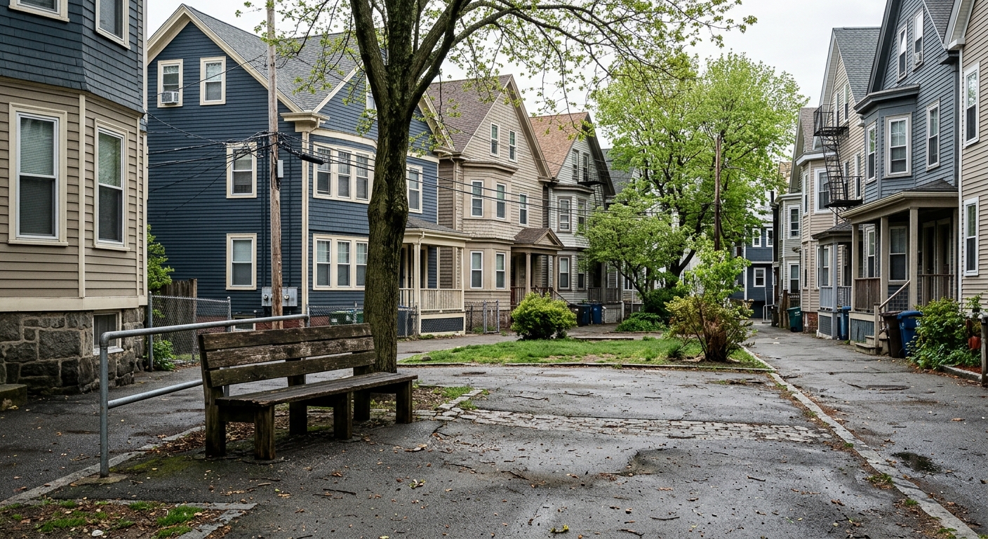 a small, mostly paved urban pocket park with an old wooden bench and minimal tree cover, surrounded by dense, traditional New England residential housing, natur