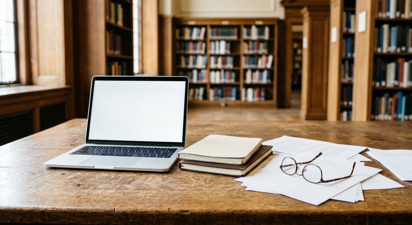 an open laptop next to a stack of blank notebooks, scattered printed documents, and a pair of reading glasses on a heavy oak desk, with out-of-focus traditional