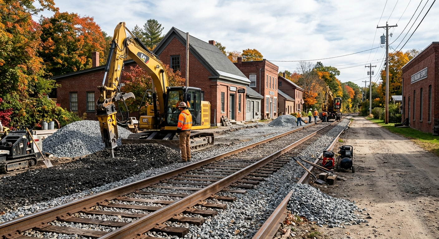 a section of steel railroad tracks undergoing maintenance, featuring construction equipment and piles of fresh gravel alongside the rails, surrounded by trees a