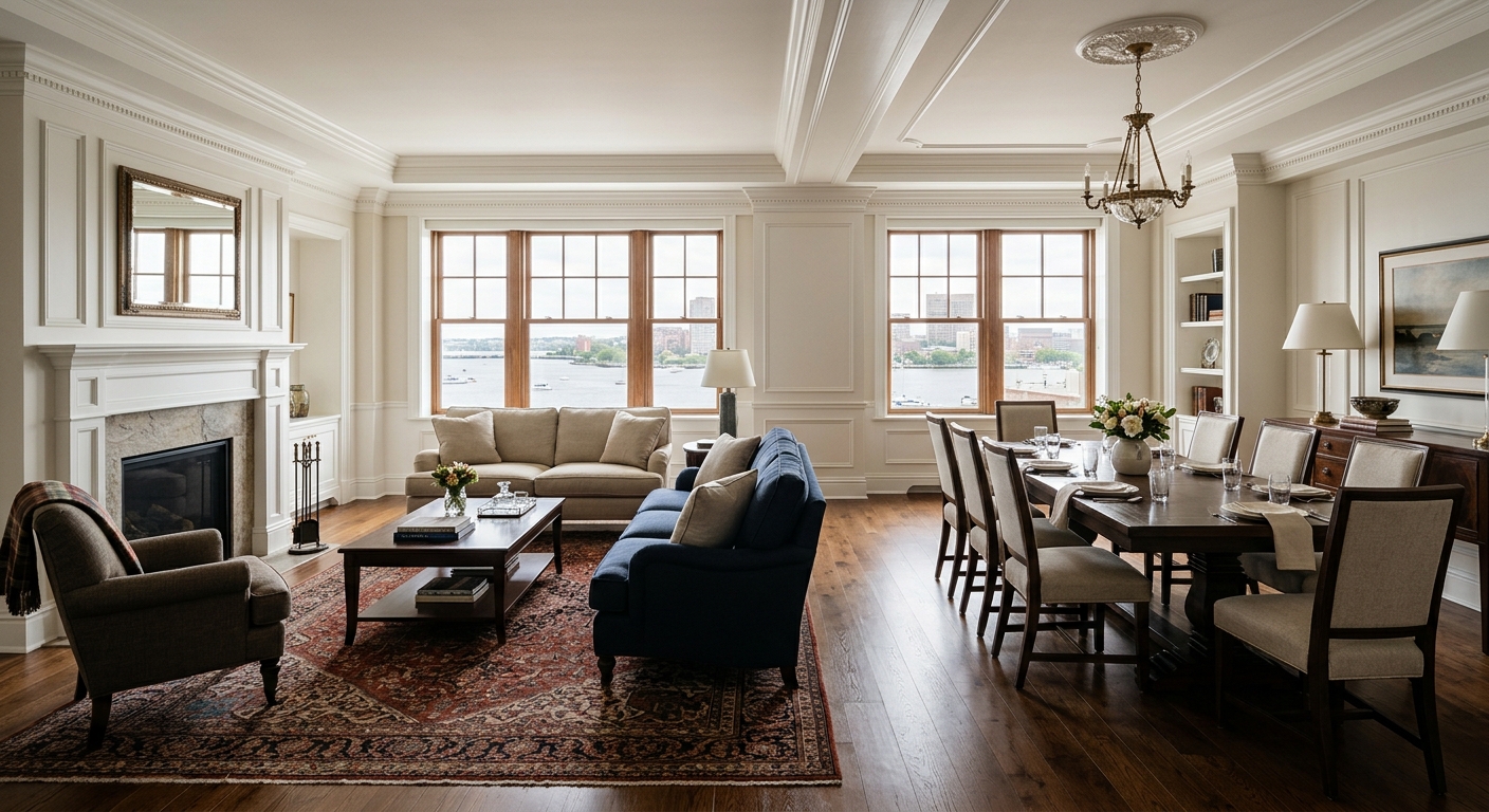 a luxurious, apartment-style living room and dining area inside a high-end hotel suite, featuring classic New England architectural details like crown molding a