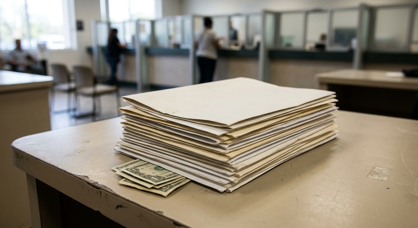 a stack of vehicle title documents with a few folded US dollar bills slipping out from underneath, sitting on a worn beige laminate desk inside a generic govern